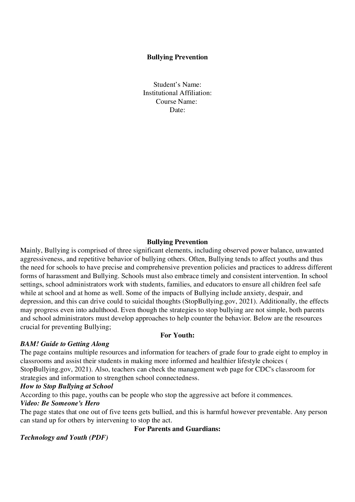 Preview image for Discussion Bullying Prevention